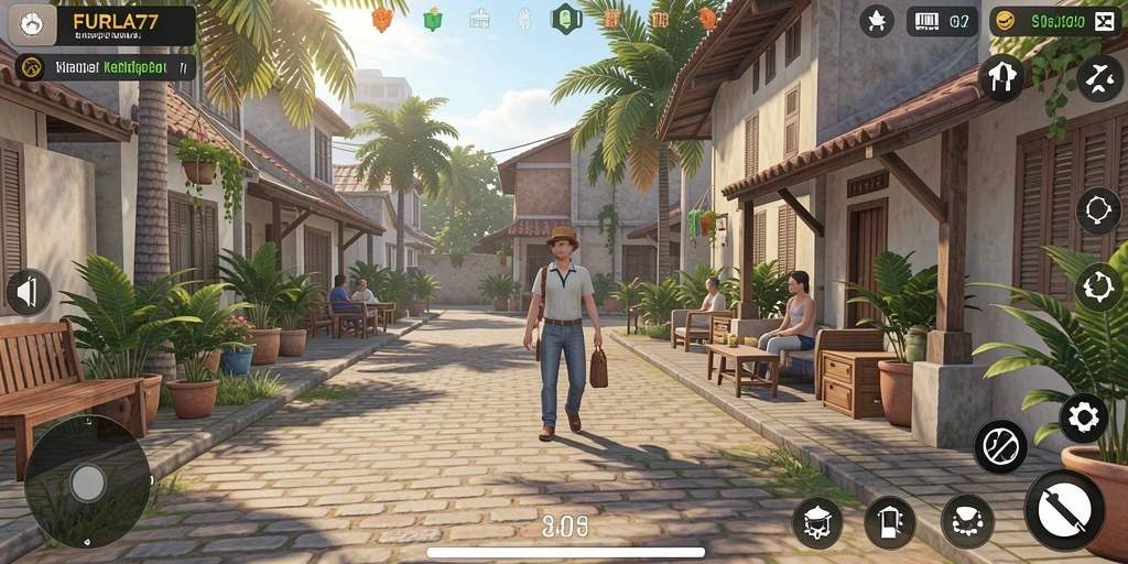 Screenshot gameplay FURLA77 menampilkan interaksi karakter dalam simulasi kehidupan.