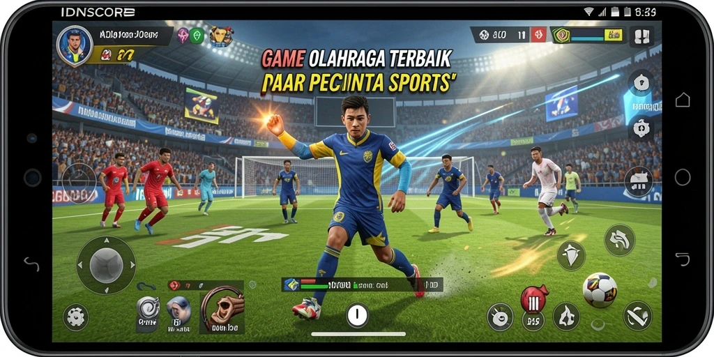 Tampilan utama IDNSCORE menunjukkan aksi seru dalam olahraga.