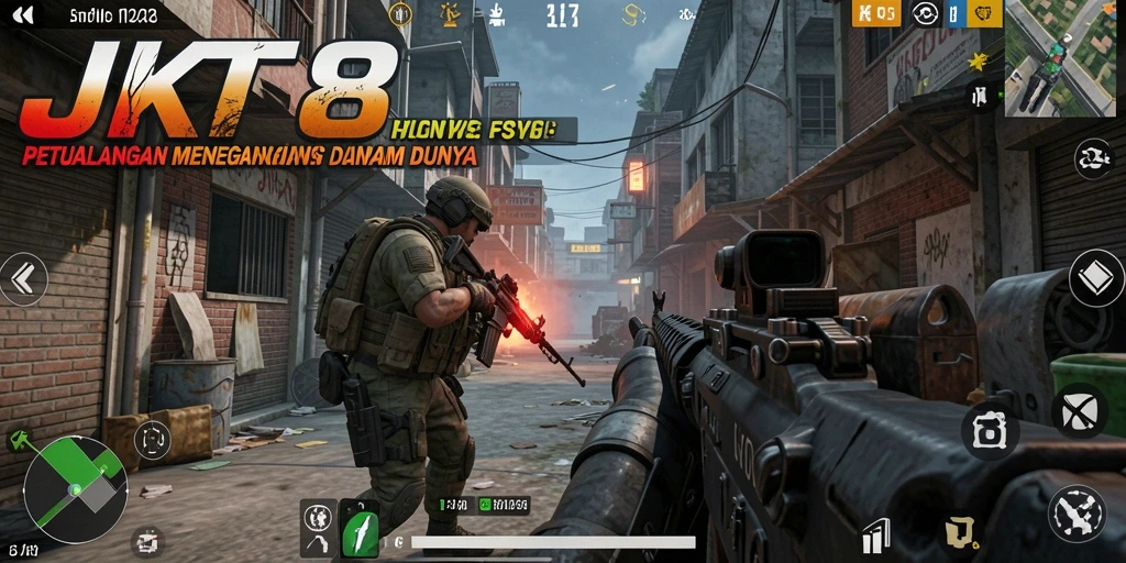 Screenshot JKT8 menampilkan aksi intens dalam gameplay FPS.