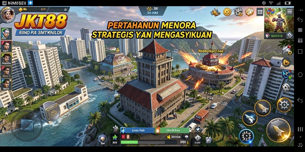 Screenshot gameplay JKT88 menampilkan menara dan musuh yang berwarna-warni.