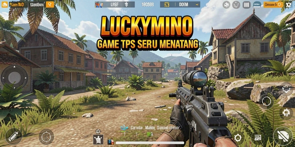 Screenshot utama LUCKYMINO menampilkan momen aksi mendebarkan dalam permainan TPS.