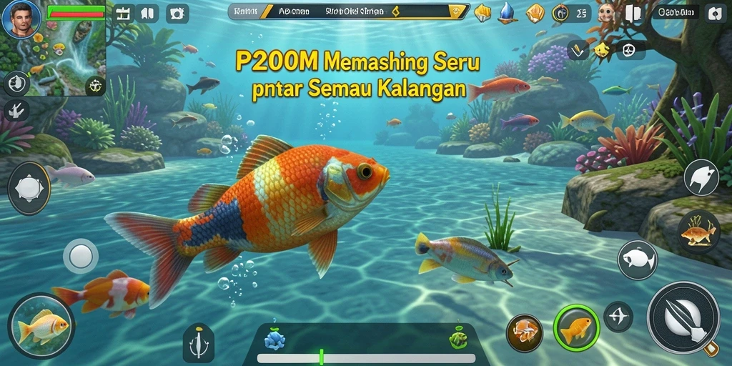 Screenshot P200M menampilkan aksi seru dalam memancing dengan grafis menawan.