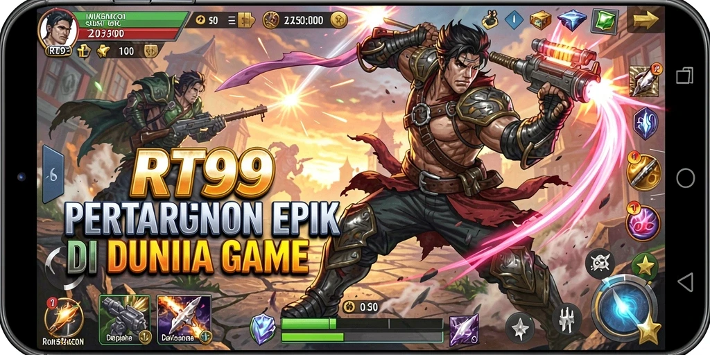Tangkapan layar RT99 menampilkan pertarungan epik antara karakter dengan efek visual yang menawan.