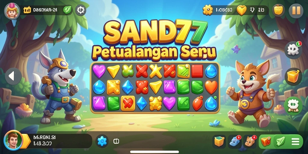 Screenshot gameplay SAND77 menampilkan kombinasi permata warna-warni yang seru.