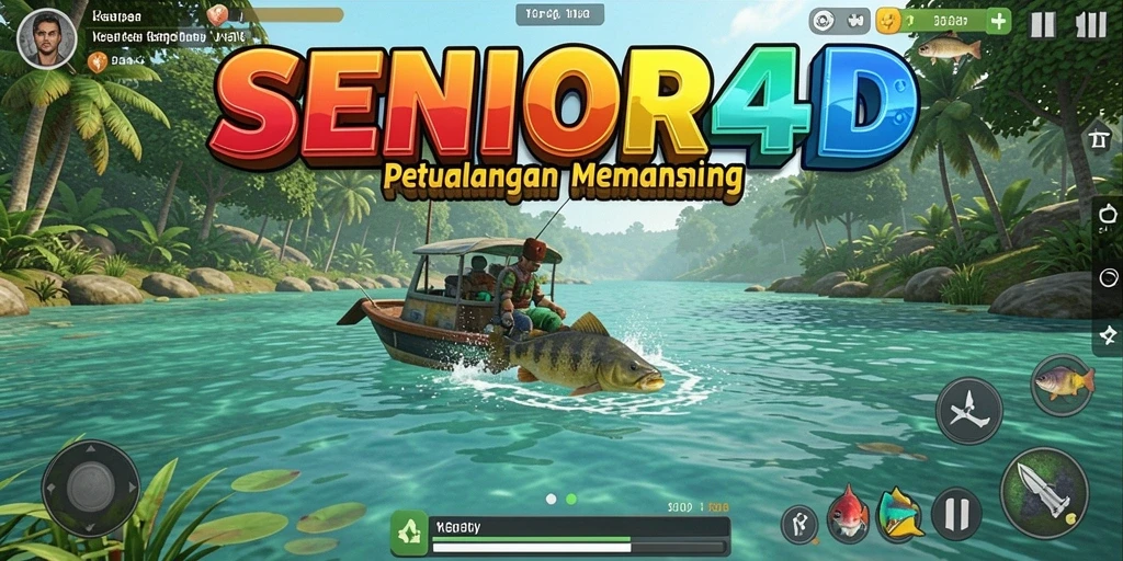 Screenshot gameplay SENIOR4D yang menunjukkan aksi memancing yang seru.