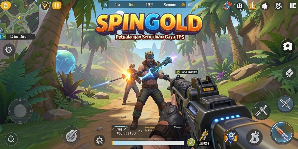 Tampilan gameplay SPINGOLD menunjukkan pertempuran seru dan dunia terbuka yang luas.