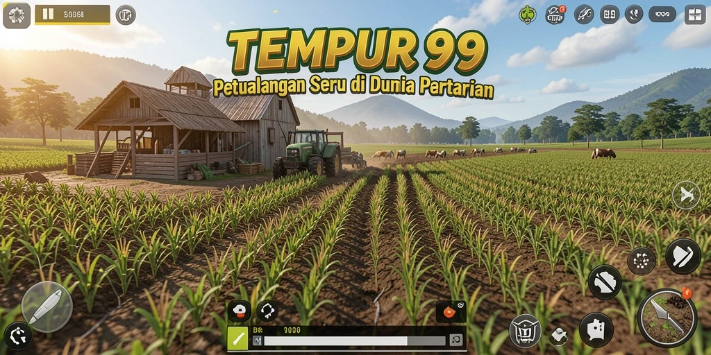 Tampilan gameplay menarik dari TEMPUR99 yang menggambarkan aktivitas pertanian.