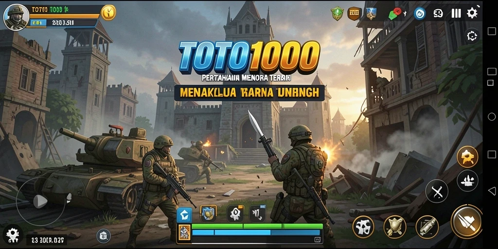 Gameplay TOTO1000 dengan menara pertahanan yang strategis.